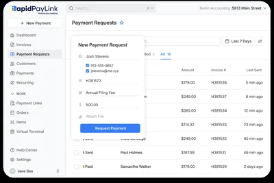 The RapidPayLink dashboard, showing a new payment request being raised alongside the list of sent and paid requests.