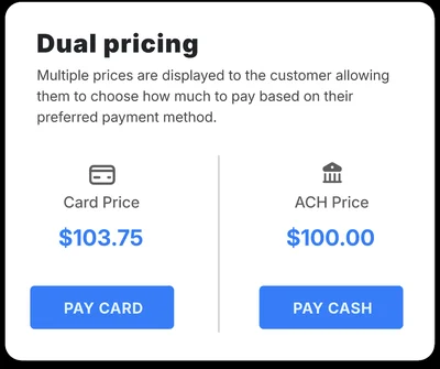 A dual pricing checkout showing a card price of $103.75 beside an ACH price of $100.00.